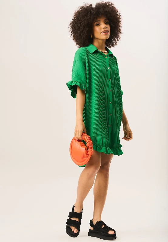 Lace - Embellished Women Dress for an Elegant and Sophisticated Appearance Lace - Embellished Women Dress for an Elegant and Sophisticated Appearance Green Plisse Frill Detail Oversized Shirt Dress