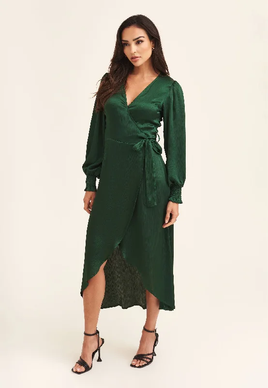 Printed Abstract Women Dress for a Modern and Artistic Appeal Printed Abstract Women Dress for a Modern and Artistic Appeal Green Satin Wrap Midi Dress
