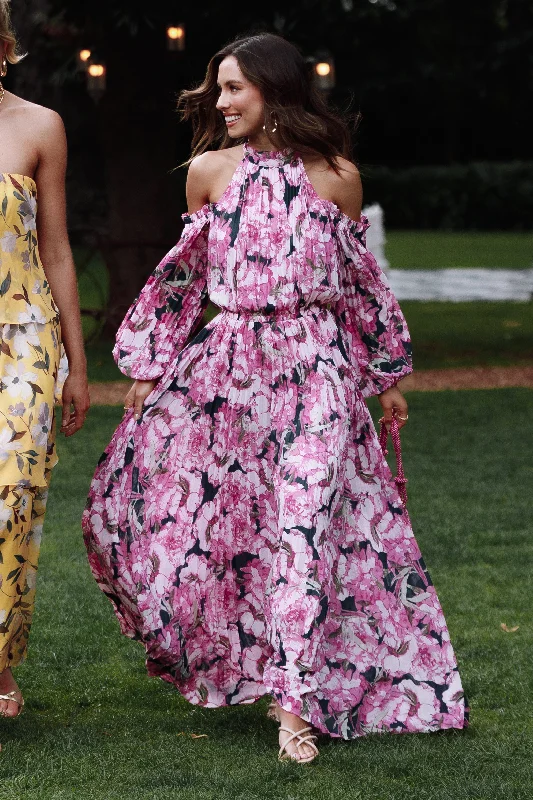 Maxi dresses with tassel accents for a fun and lively touch Hilary Pleated Maxi Dress - Pink Floral