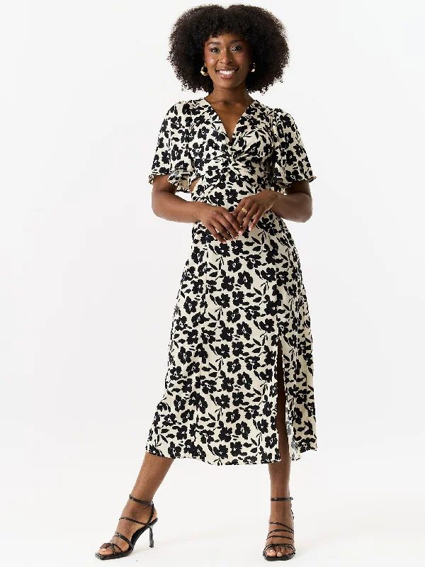 Lace - Embellished Women Dress for an Elegant and Sophisticated Appearance Lace - Embellished Women Dress for an Elegant and Sophisticated Appearance Ivory Floral Twist Front Angel Sleeves Midi Dress