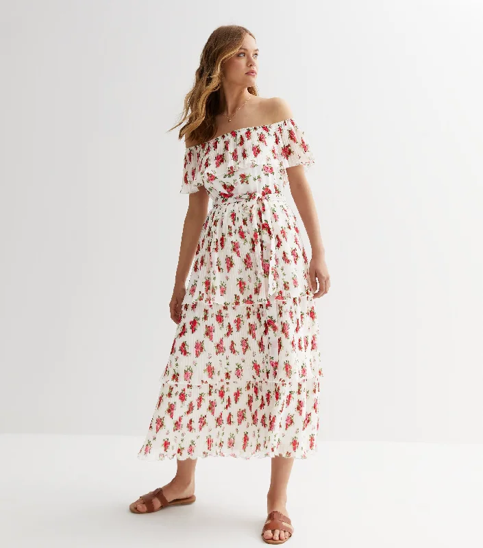 Ball Gown Women Dress with a Full Skirt for a Princess - like Look Ball Gown Women Dress with a Full Skirt for a Princess - like Look Ivory Rose Print Pleated Tiered Bardot Midaxi Dress