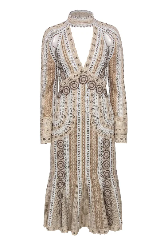 Mermaid - Style Women Dress with a Fitted Silhouette for Special Occasions Mermaid - Style Women Dress with a Fitted Silhouette for Special Occasions Jonathan Simkhai - Beige & White Lace & Grommet Midi Dress w/ Cutouts Sz 2