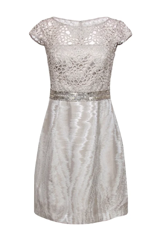 Off - the - Shoulder Women Dress for a Romantic and Feminine Look Off - the - Shoulder Women Dress for a Romantic and Feminine Look Kay Unger - Beige Open Lace Bodice Sheath Dress w/ Sequins Sz 8