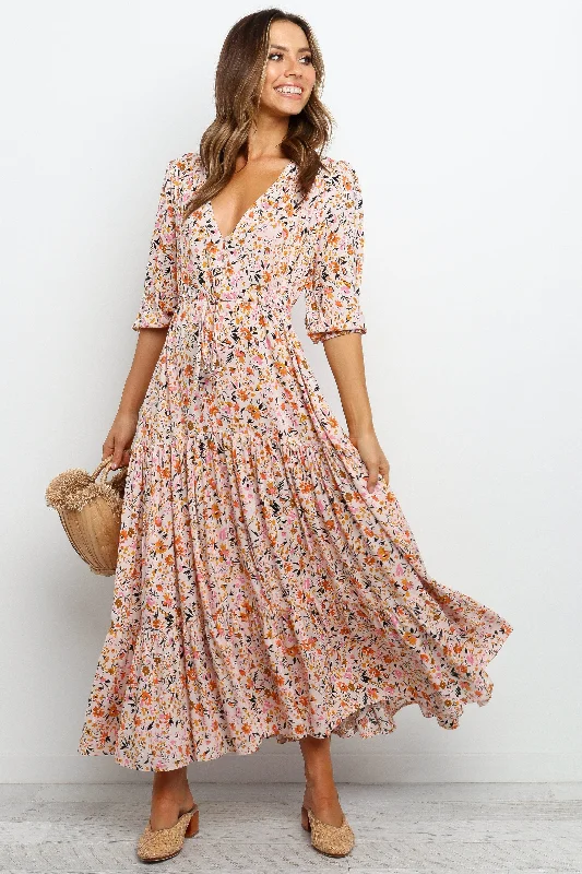 Maxi dresses with a ruffled neckline for a charming look Kelda Dress - Beige