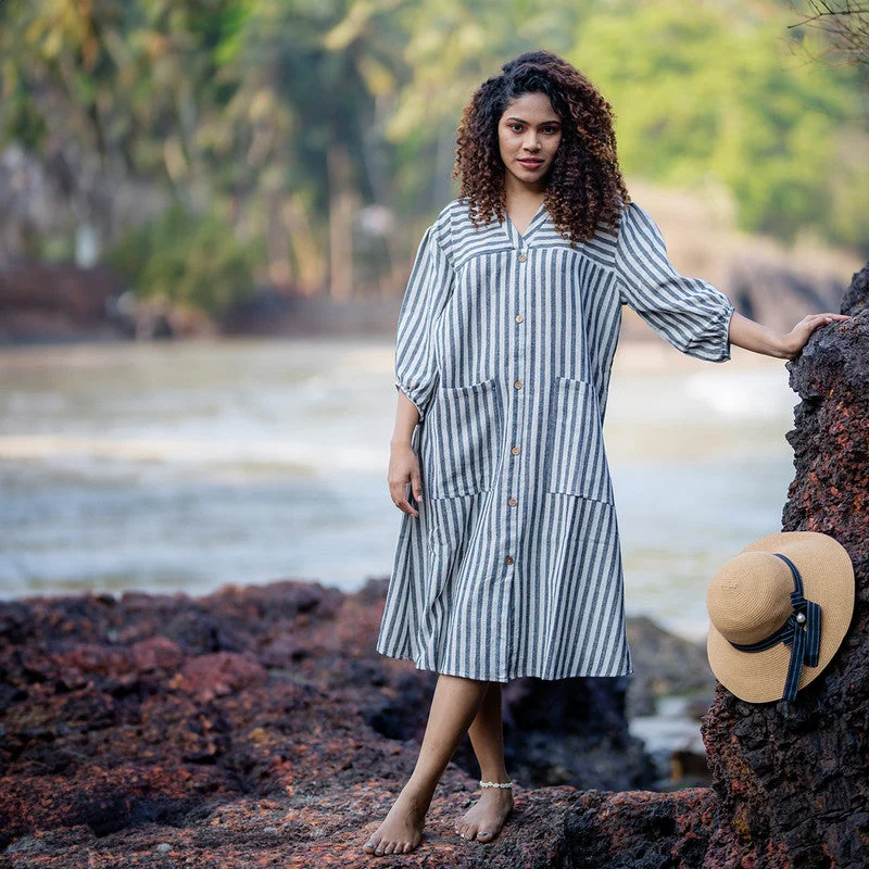 Ruffled Women Dress with Multiple Layers for a Playful and Girly Style Ruffled Women Dress with Multiple Layers for a Playful and Girly Style Cotton Striped Midi Dress | Natural Dyed | White & Grey