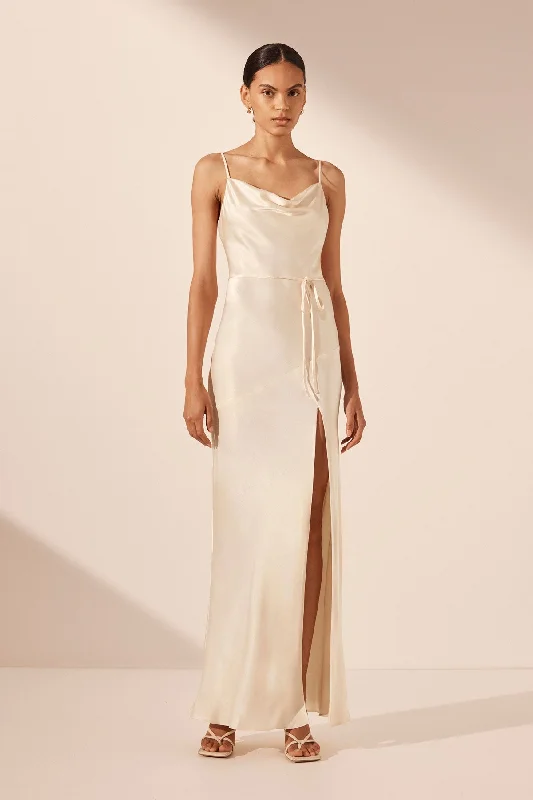 Sheer maxi dresses with lace overlays for a romantic touch LA LUNE BIAS COWL MAXI DRESS - CREAM