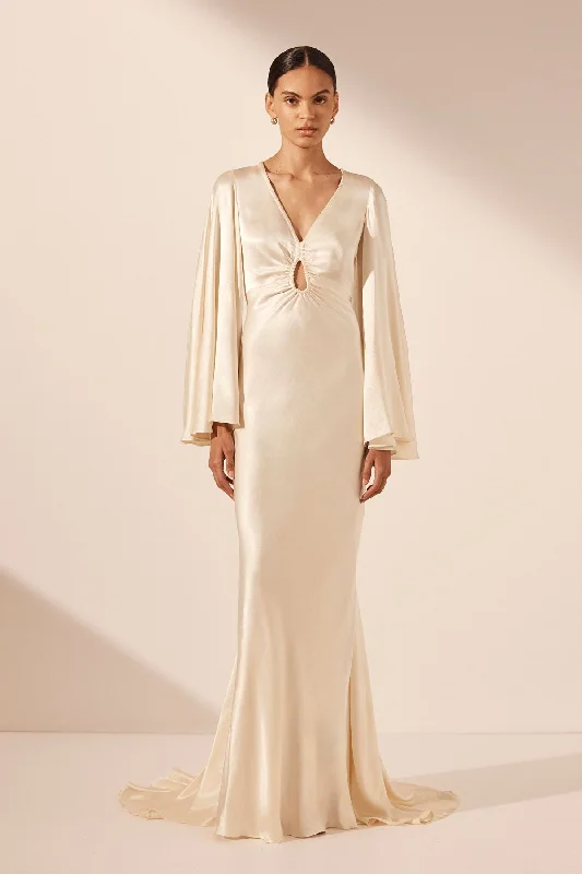Denim maxi dresses with frayed hems for a casual look LA LUNE FLARED SLEEVE KEYHOLE MAXI DRESS - CREAM