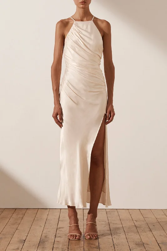 Maxi dresses with a ruffled neckline for a charming look LA LUNE GATHERED SQUARE NECK BIAS MIDI DRESS - CREAM