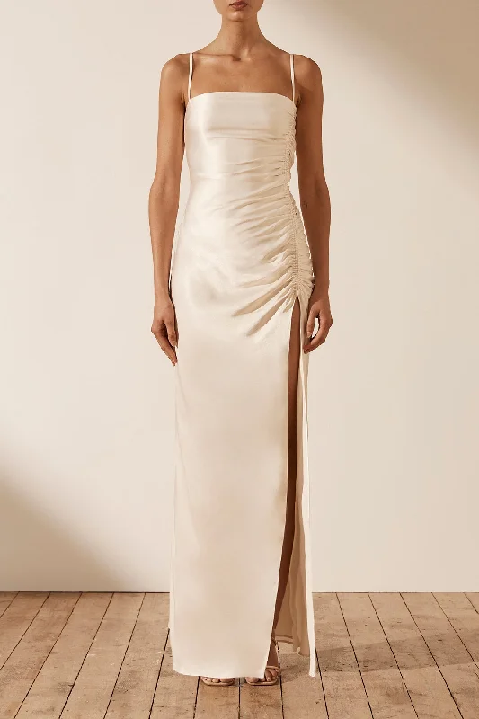 Maxi dresses with a wrap - around style for a customizable fit LA LUNE RUCHED MAXI DRESS - CREAM