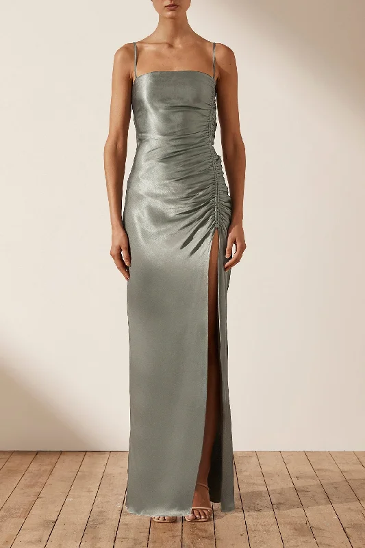Metallic maxi dresses for a glamorous New Year's Eve party LA LUNE RUCHED MAXI DRESS - SAGE