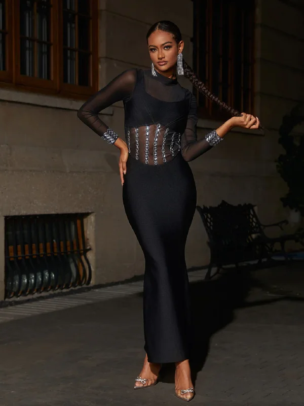 Off - the - Shoulder Women Dress for a Romantic and Feminine Look Off - the - Shoulder Women Dress for a Romantic and Feminine Look "Lipa" Crystal Embellished Black Mesh Bandage Dress