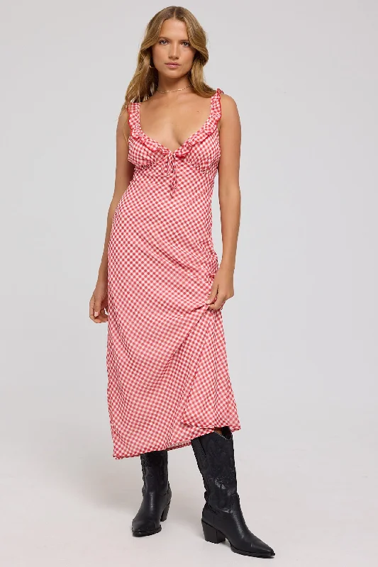 Lace - Embellished Women Dress for an Elegant and Sophisticated Appearance Lace - Embellished Women Dress for an Elegant and Sophisticated Appearance Luck & Trouble Ruby Frill Midi Dress Red Gingham