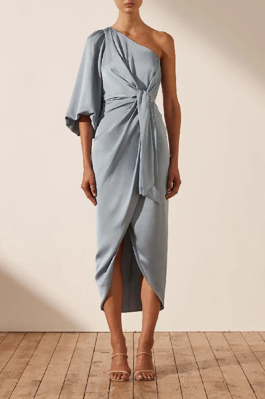 Maxi dresses with one - shoulder designs for a stylish and asymmetric look LUXE TIE FRONT ONE SHOULDER DRESS - AZURE