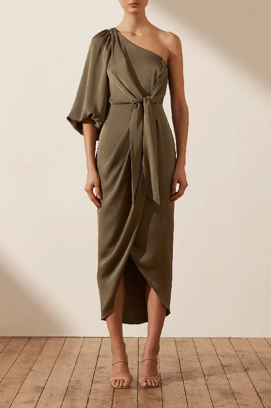 Maxi dresses with off - the - shoulder styles for a romantic and breezy look LUXE TIE FRONT ONE SHOULDER DRESS - PINE