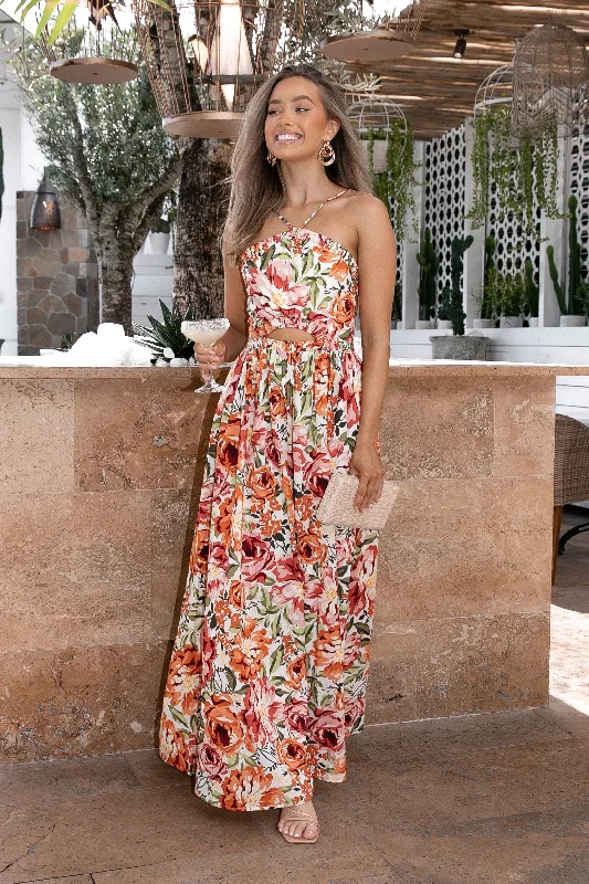 Maxi dresses with embroidered floral motifs for a unique design Madeira Dress - Orange Floral