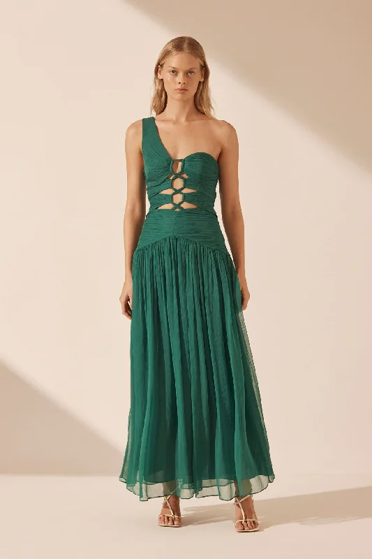 Sequined maxi dresses for formal evening galas MARGOT ONE SHOULDER LACE UP MAXI DRESS - EVERGREEN Sequined maxi dresses for formal evening galas MARGOT ONE SHOULDER LACE UP MAXI DRESS - EVERGREEN
