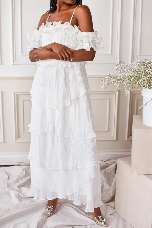 Plus Size Women Dress with a Flattering A - Line Cut for Comfort and Style Plus Size Women Dress with a Flattering A - Line Cut for Comfort and Style Matilde White Ruffle Detail Maxi Dress