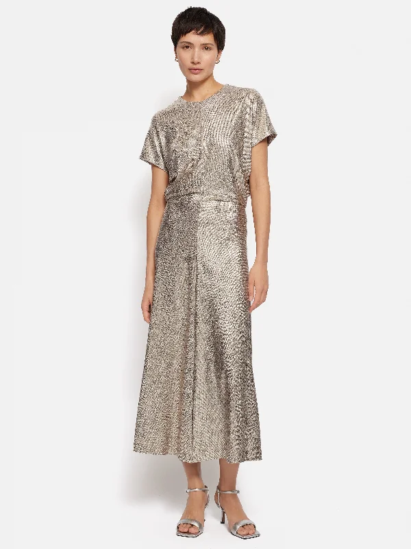 Maxi dresses with cold - shoulder cutouts for a trendy look Metallic Maxi Dress | Gold