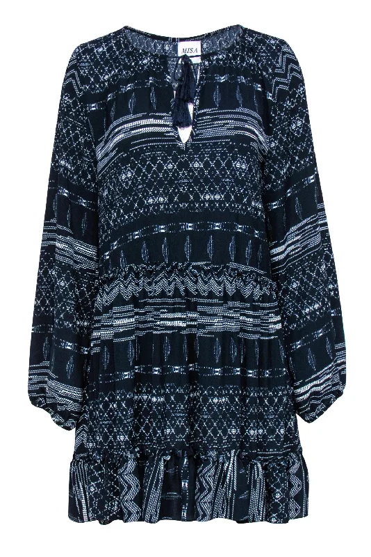 Wrap - Style Women Dress with Adjustable Fit for All Body Types Wrap - Style Women Dress with Adjustable Fit for All Body Types MISA Los Angeles - Navy & White Patterned Peasant Shift Dress Sz S