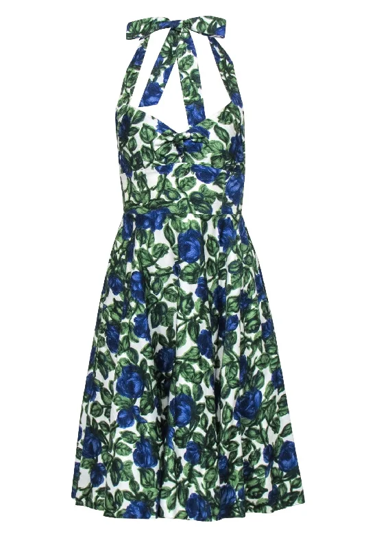 Halter Neck Women Dress to Show Off the Shoulders and Neckline Halter Neck Women Dress to Show Off the Shoulders and Neckline Nanette Lepore - White, Green & Blue Rose Print Halter A-Line Dress Sz 0