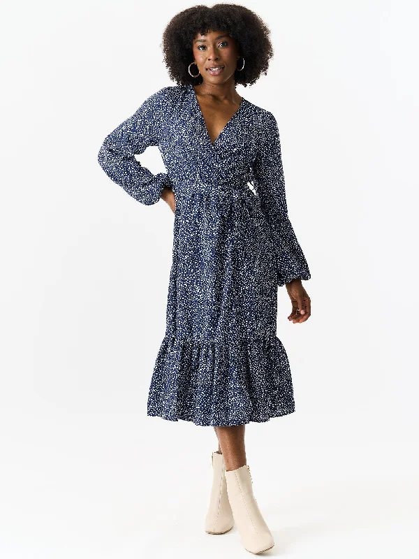 Plus Size Women Dress with a Flattering A - Line Cut for Comfort and Style Plus Size Women Dress with a Flattering A - Line Cut for Comfort and Style Navy Animal Printed Long Sleeve Split Detail Midi Wrap Dress
