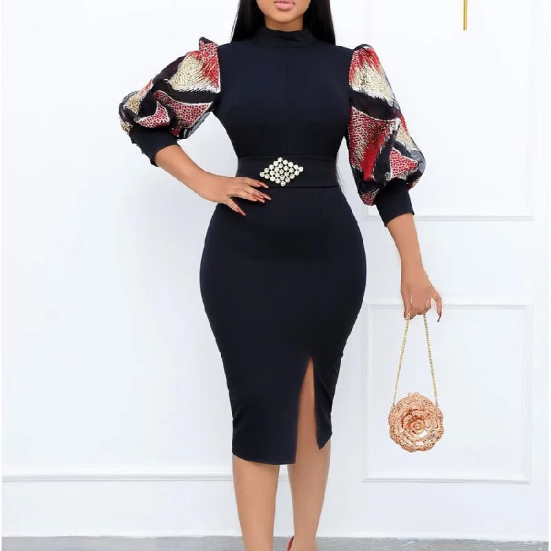Lace - Embellished Women Dress for an Elegant and Sophisticated Appearance Lace - Embellished Women Dress for an Elegant and Sophisticated Appearance NiDELL D173 Amazon Foreign Trade Women's Clothing . Summer New Bubble Temperament Printed Stitching Hip European and American Style Dress