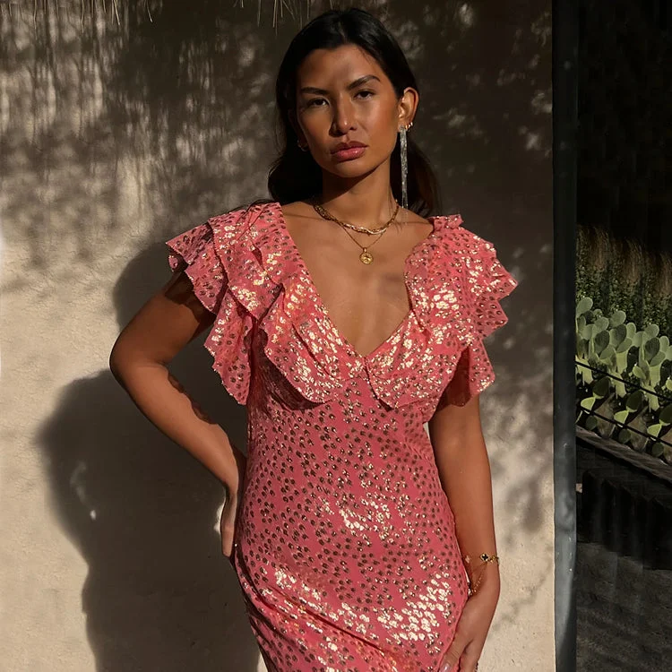Satin maxi dresses with a high - low hem for a modern twist Pink Jacquard Tilda Dress Satin maxi dresses with a high - low hem for a modern twist Pink Jacquard Tilda Dress
