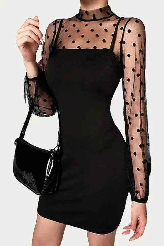Mermaid - Style Women Dress with a Fitted Silhouette for Special Occasions Mermaid - Style Women Dress with a Fitted Silhouette for Special Occasions Polka Dot Mesh Sleeve Mini Dress In Black Mermaid - Style Women Dress with a Fitted Silhouette for Special Occasions Mermaid - Style Women Dress with a Fitted Silhouette for Special Occasions Polka Dot Mesh Sleeve Mini Dress In Black