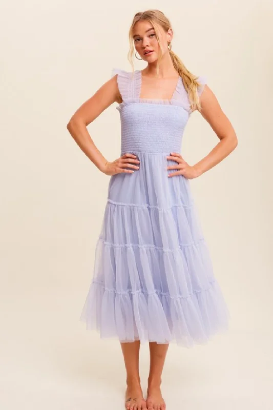 Pleated Women Dress with a Timeless and Elegant Texture Pleated Women Dress with a Timeless and Elegant Texture Fiori Short Blue Tulle Tiered Midi Dress