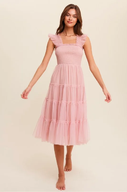 Strapless Women Dress with a Built - in Bra for Comfort and Support Strapless Women Dress with a Built - in Bra for Comfort and Support Fiori Short Pink Tulle Tiered Midi Dress