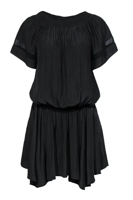 Printed Abstract Women Dress for a Modern and Artistic Appeal Printed Abstract Women Dress for a Modern and Artistic Appeal Ramy Brook - Black Off-the-Shoulder Silky Dress w/ Mesh
