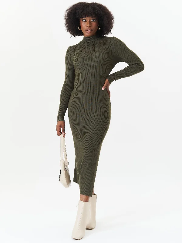 Plus Size Women Dress with a Flattering A - Line Cut for Comfort and Style Plus Size Women Dress with a Flattering A - Line Cut for Comfort and Style Khaki Rib Knit High Neck Bodycon Midi Dress