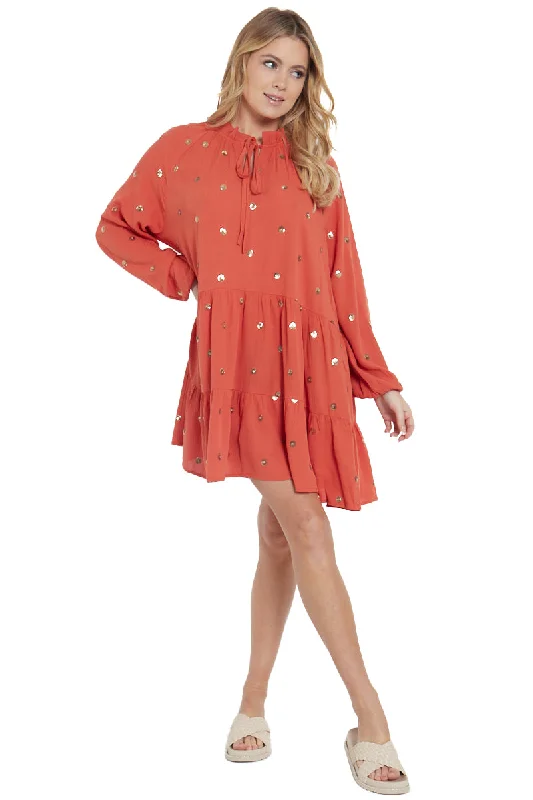 Strapless Women Dress with a Built - in Bra for Comfort and Support Strapless Women Dress with a Built - in Bra for Comfort and Support Rust Embellished Tiered Dress with Tie Neck