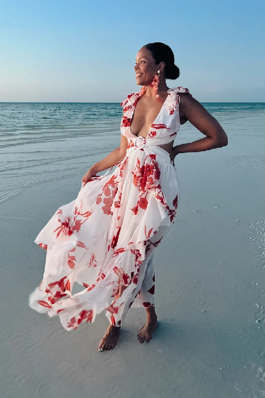 Maxi Women Dress with Floral Print for a Bohemian Vibe Maxi Women Dress with Floral Print for a Bohemian Vibe Sandra Red and White Floral Maxi Dress
