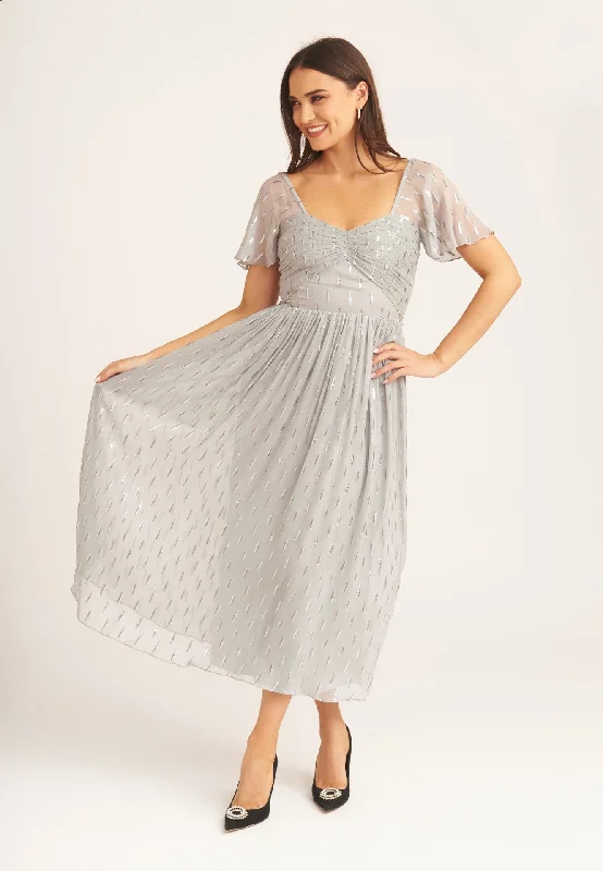 Sleeveless Women Dress in Bright Colors for Summer Parties Sleeveless Women Dress in Bright Colors for Summer Parties Silver Jacquard Metallic Angel Sleeves Midi Dress