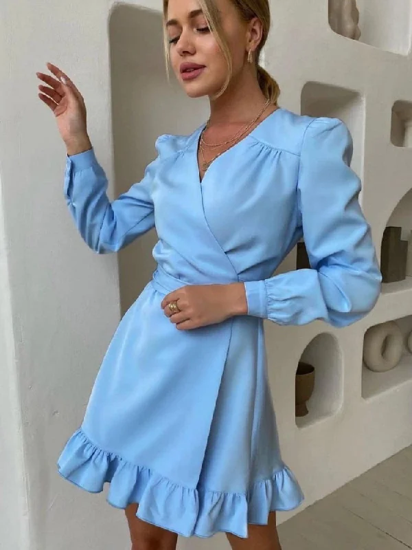 Long - Sleeve Women Dress in Velvet for a Luxurious Winter Look Long - Sleeve Women Dress in Velvet for a Luxurious Winter Look sixsr Casual Ruffle Mini Dress Ladies Elegant Long Sleeve V-Neck Party Dress New Fashion Solid Sweet Spring Dresses  Women Clothes