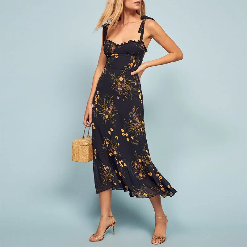Wrap - Style Women Dress with Adjustable Fit for All Body Types Wrap - Style Women Dress with Adjustable Fit for All Body Types sixsr Dresses For Women  Elegant Vintage Floral Dress Frill Sweetheart Neck Sleeveless Strap Tie Ruffle Hem Summer Beach Dress