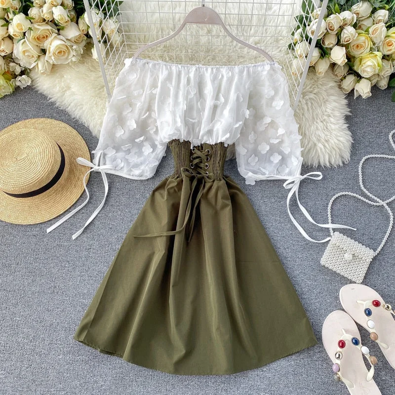 Mermaid - Style Women Dress with a Fitted Silhouette for Special Occasions Mermaid - Style Women Dress with a Fitted Silhouette for Special Occasions Sixsr  Spring Outfits Sexy Off Shoulder patchwork Summer Short Dress Party flower chiffon Slim waist lace up Women casual A-Line beach dress