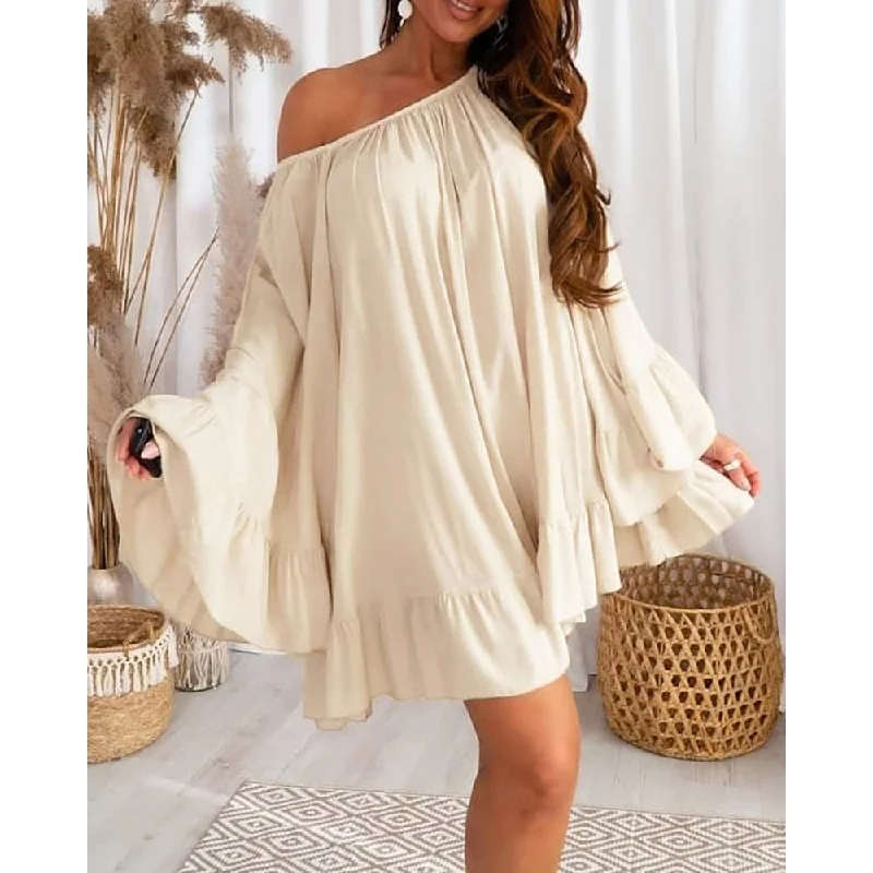 Long - Sleeve Women Dress in Velvet for a Luxurious Winter Look Long - Sleeve Women Dress in Velvet for a Luxurious Winter Look sixsr  Summer Women Bell Sleeve Ruffle Hem Dress Slash Neck Mini A Line Sweet Dresses Oversized Outfits Robe Clothing
