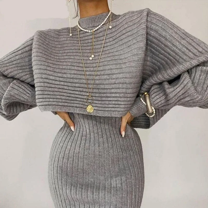 Off - the - Shoulder Women Dress for a Romantic and Feminine Look Off - the - Shoulder Women Dress for a Romantic and Feminine Look sixsr  Women Elegant Slim Two Piece Sets Female Sweater Dress Autumn Winter High Waist Knitted Ensemble Femme Medium Long Party Dresses