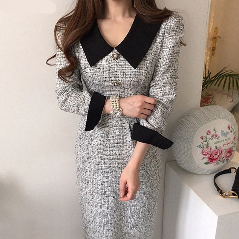 Shift Women Dress with a Simple and Classic Design for Everyday Wear Shift Women Dress with a Simple and Classic Design for Everyday Wear Sixsr  Women Long Tweed Dress Autumn Retro Temperament Contrast Color Lapel Pleated Lace Waist Thinner Thicker Dresses Female