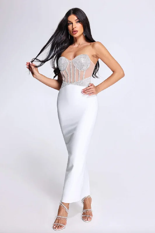Strapless Women Dress with a Built - in Bra for Comfort and Support Strapless Women Dress with a Built - in Bra for Comfort and Support "Sley" Strapless Crystal Embellished Mesh White Midi Bandage Dress