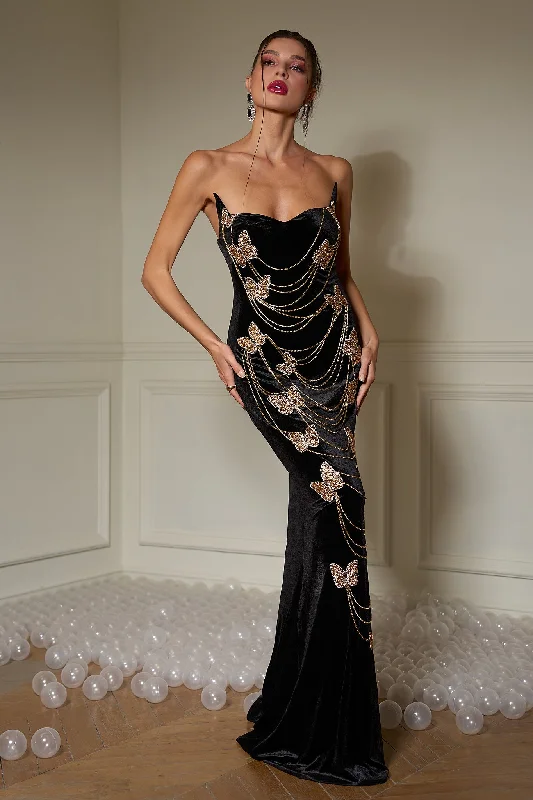 Strapless Women Dress with a Built - in Bra for Comfort and Support Strapless Women Dress with a Built - in Bra for Comfort and Support Sonia Velvet Butterfly Gala Dress
