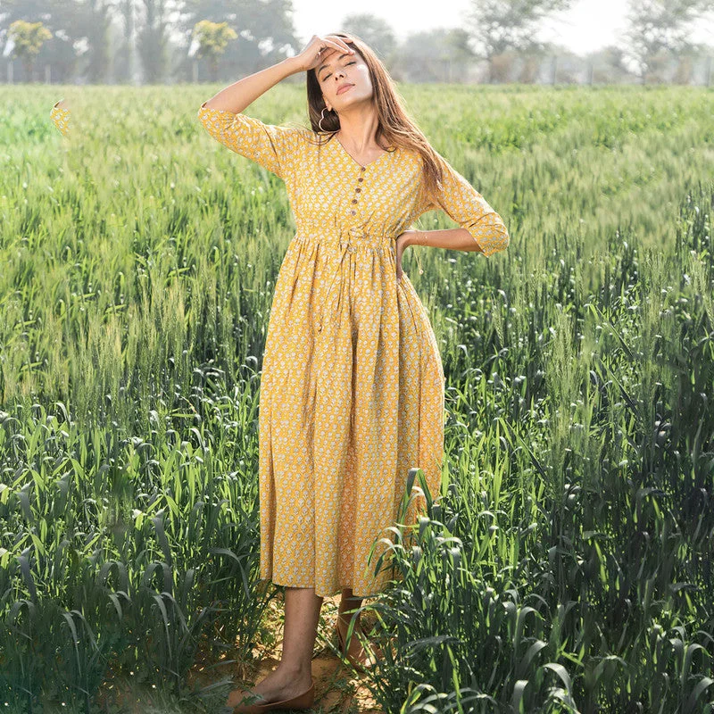 Shift Women Dress with a Simple and Classic Design for Everyday Wear Shift Women Dress with a Simple and Classic Design for Everyday Wear Cotton Maxi Dress for Women | Handblock Printed | Mustard