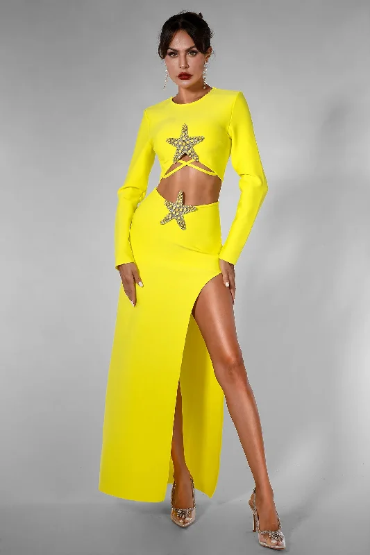 Mermaid - Style Women Dress with a Fitted Silhouette for Special Occasions Mermaid - Style Women Dress with a Fitted Silhouette for Special Occasions “Star” Embellished Starfish Yellow Long Sleeve high Slit Two Piece Bandage Dress