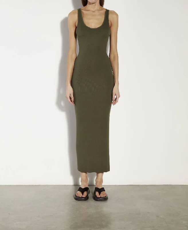 Plus Size Women Dress with a Flattering A - Line Cut for Comfort and Style Plus Size Women Dress with a Flattering A - Line Cut for Comfort and Style Stretch Silk Knit Maxi Tank Dress In Dark Olive