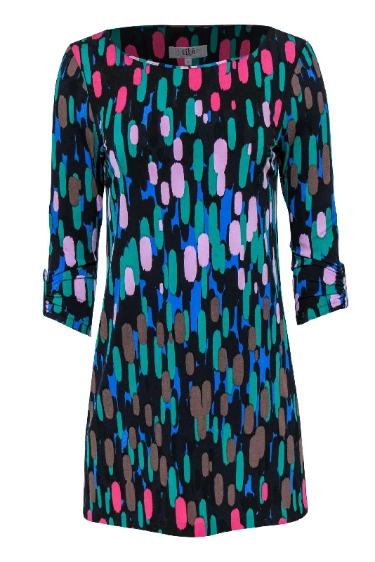 Wrap - Style Women Dress with Adjustable Fit for All Body Types Wrap - Style Women Dress with Adjustable Fit for All Body Types Tibi - Black & Multicolor Abstract Print Quarter Sleeve Shift Dress Sz S