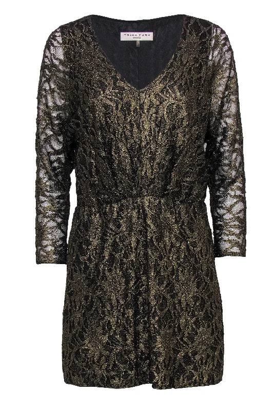 Mini Women Dress with a Short Hem for a Young and Trendy Style Mini Women Dress with a Short Hem for a Young and Trendy Style Trina Turk - Gold & Black Metallic Floral Lace Dolman Sleeve Dress Sz 8