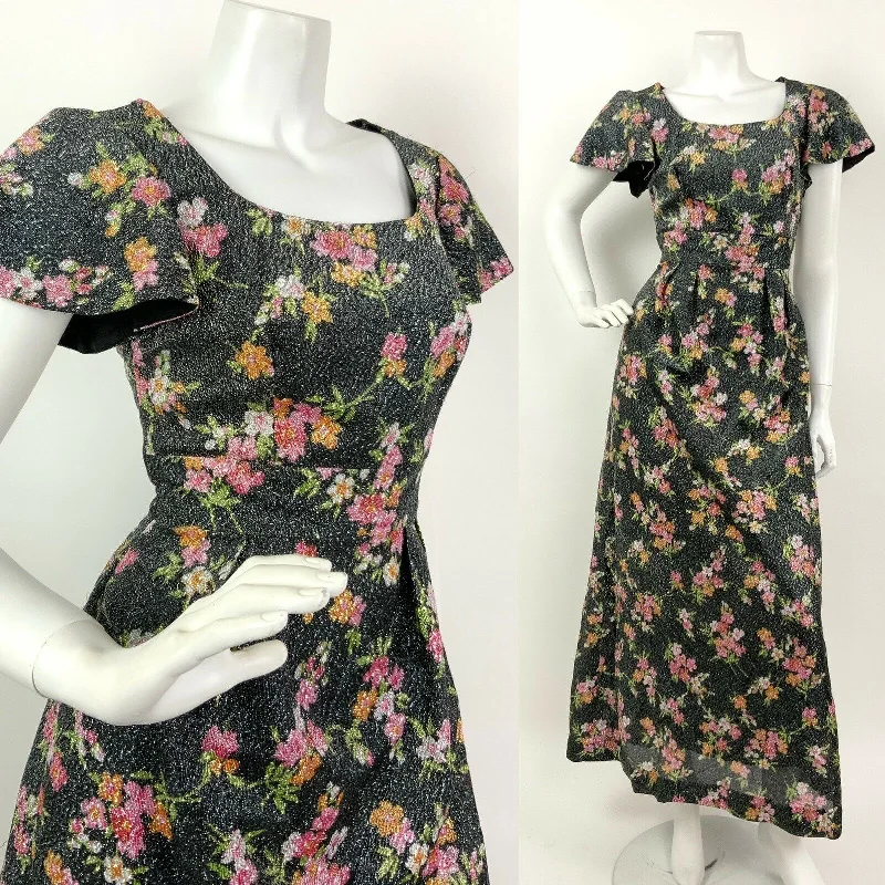 Mermaid - Style Women Dress with a Fitted Silhouette for Special Occasions Mermaid - Style Women Dress with a Fitted Silhouette for Special Occasions VINTAGE 60s 70s BLACK PINK SILVER LUREX GLITTER FLORAL CAPE SLEEVE MAXI DRESS 10