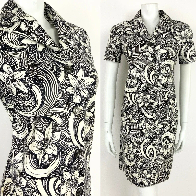 Mini Women Dress with a Short Hem for a Young and Trendy Style Mini Women Dress with a Short Hem for a Young and Trendy Style VINTAGE 60s 70s BLACK WHITE FLORAL HAWAIIAN SWIRL HIBISCUS SHIRT DRESS 10 12